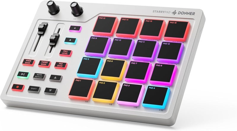 Donner آلة صنع الإيقاع MIDI Pad Beat Maker Professional، آلة الطبول مع 16 لوحة إيقاع، 2 فادر وقبضات قابلة للتخصيص وبرنامج إنتاج الموسيقى، وحدة تحكم USB MIDI مع 40 دورة، STARRYPAD أبيض - Image 1
